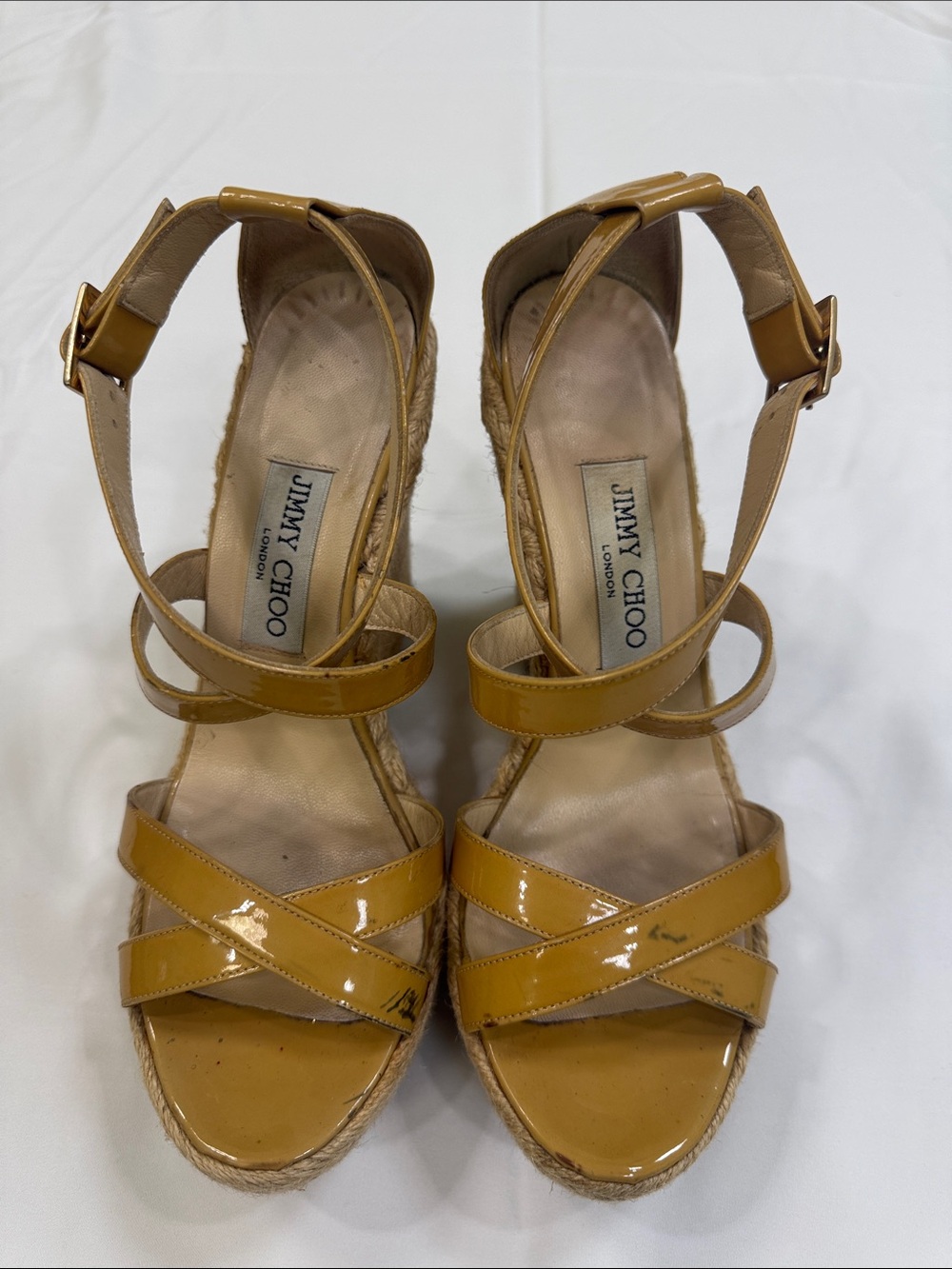 Jimmy Choo Mustard Patent Leather Espadrille Wedge Sandals